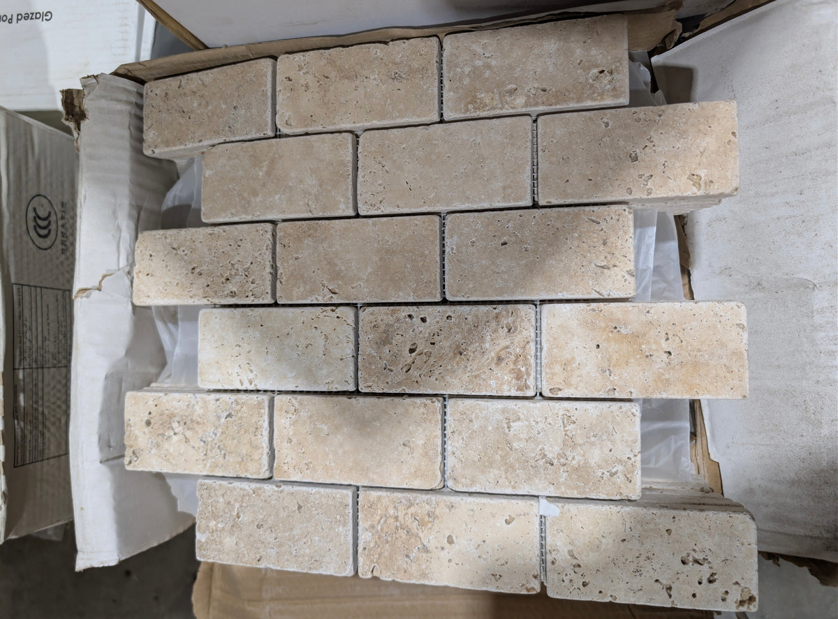 Classic Ivory White Travertine Brick Mosaic 2x4 Tumbled
