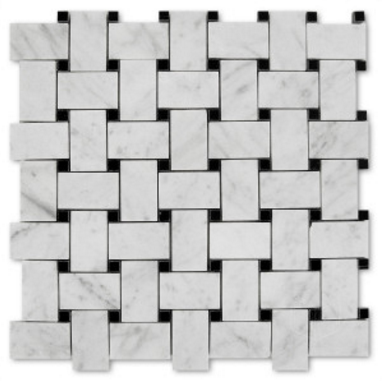 Italian Bianco Carrara Basketweave / Black (Nero Marquina) Marble Polished Mosaic