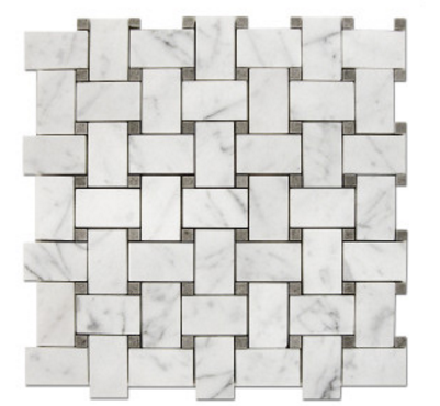 Italian Bianco Carrara Basketweave / Grey Dot Marble Polished Mosaic